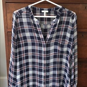 Long sleeve sheer navy/light red plaid Joie blouse